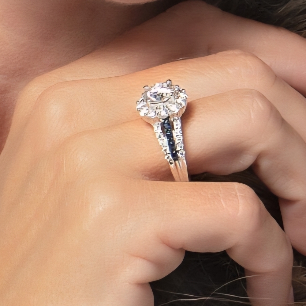Moissanite Fire Blue Sapphire Platineve 925 Silver Ring - Picture 4 of 16